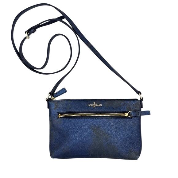 Cole Haan Metallic Blue Pebbled Leather Small Rectangle Crossbody Purse Bag - Picture 1 of 9